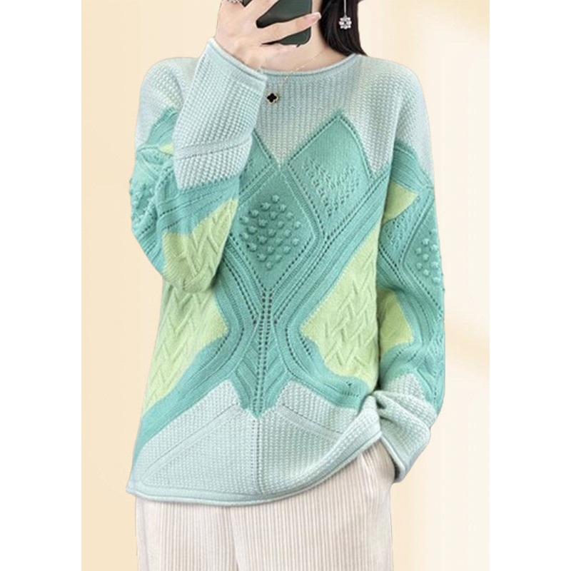 Beautiful Green O-Neck Plaid Cotton Knit Sweaters Fall