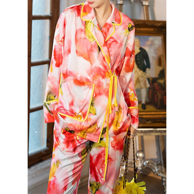 Beautiful Orange Peter Pan Collar Print Button Ice Silk Two Piece Set Spring