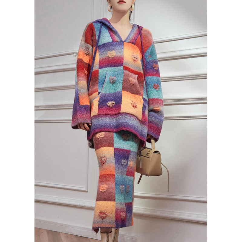 Beautiful Rainbow Hole Hooded Sweaters And Maxi Skirts Knitted Cotton Thread Two Pieces Set Winter