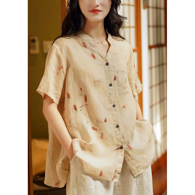 Beige Pockets Patchwork Linen Tops V Neck Short Sleeve