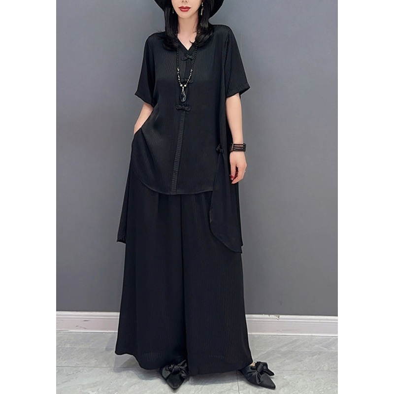 Black Button Solid Shirts And Wide Leg Pants Two Piece Set Half Sleeve