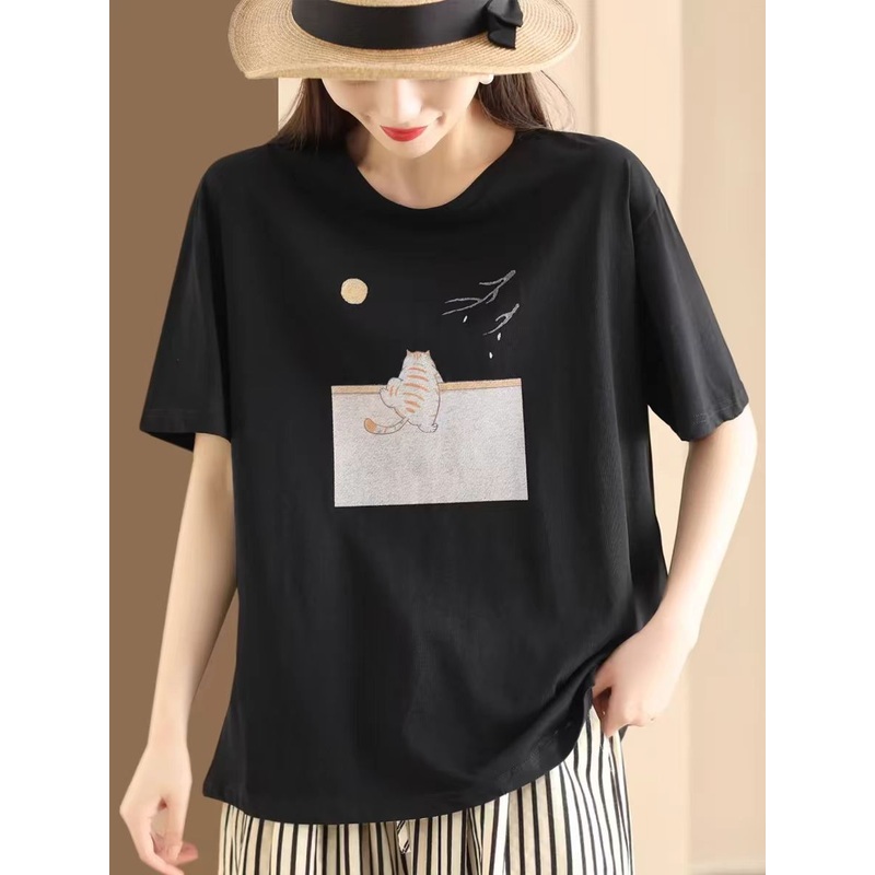 Black Cat Casual Print Loose Cotton Shirt