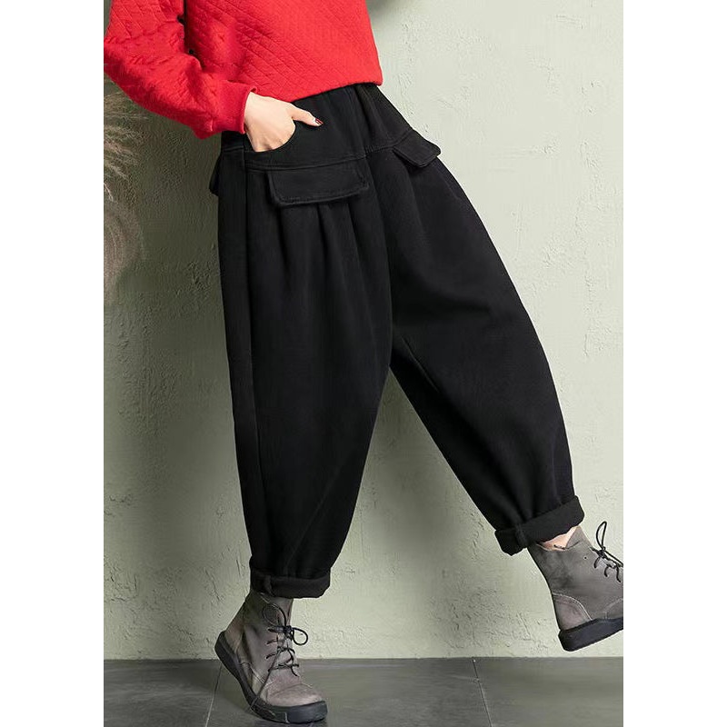 Black Solid Cotton Harem Pants Elastic Waist Spring