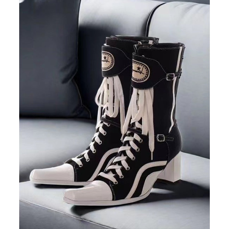 Black Splicing Canvas Cross Strap Chunky Boots