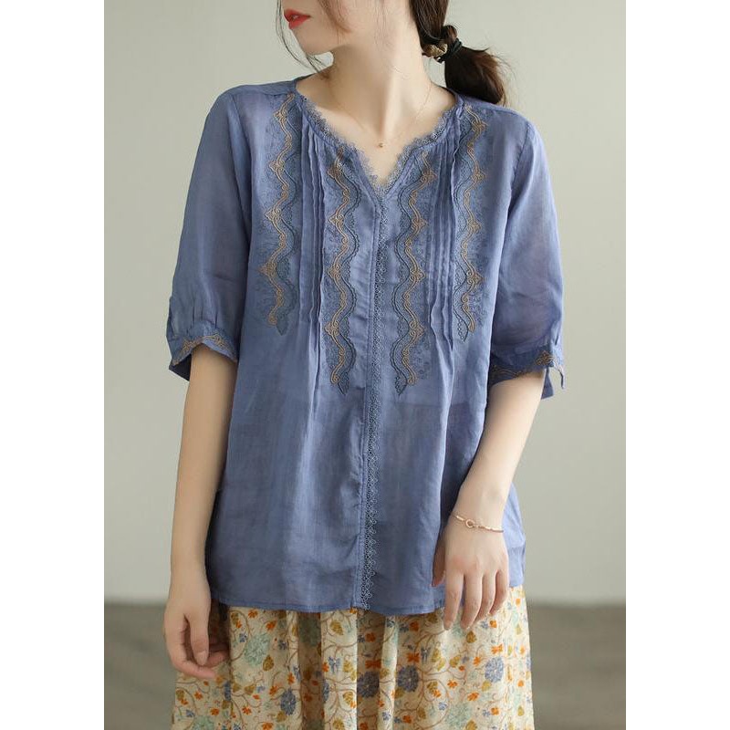 Blue Patchwork Linen T Shirts Embroideried Summer