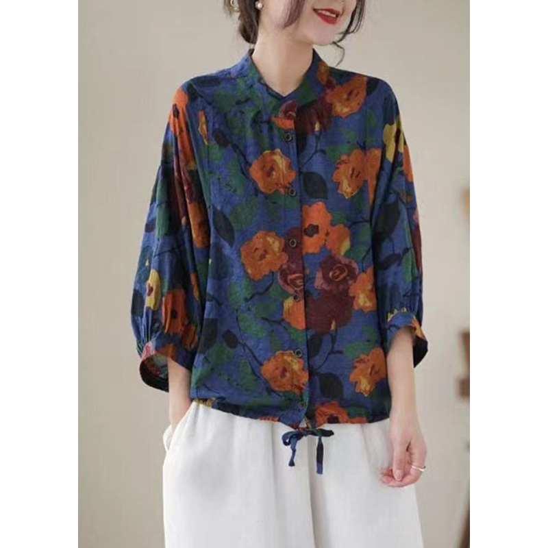 Blue Print Cotton Blouses Stand Collar Button Long Sleeve