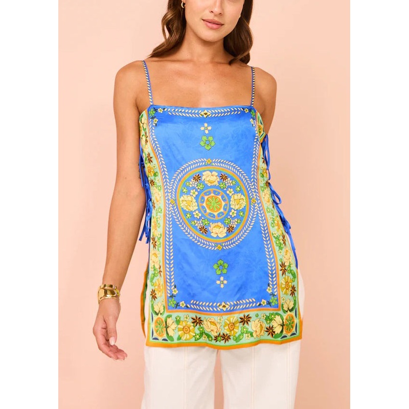 Boho Blue Lace Up Print Silk Spaghetti Strap Tank Sleeveless