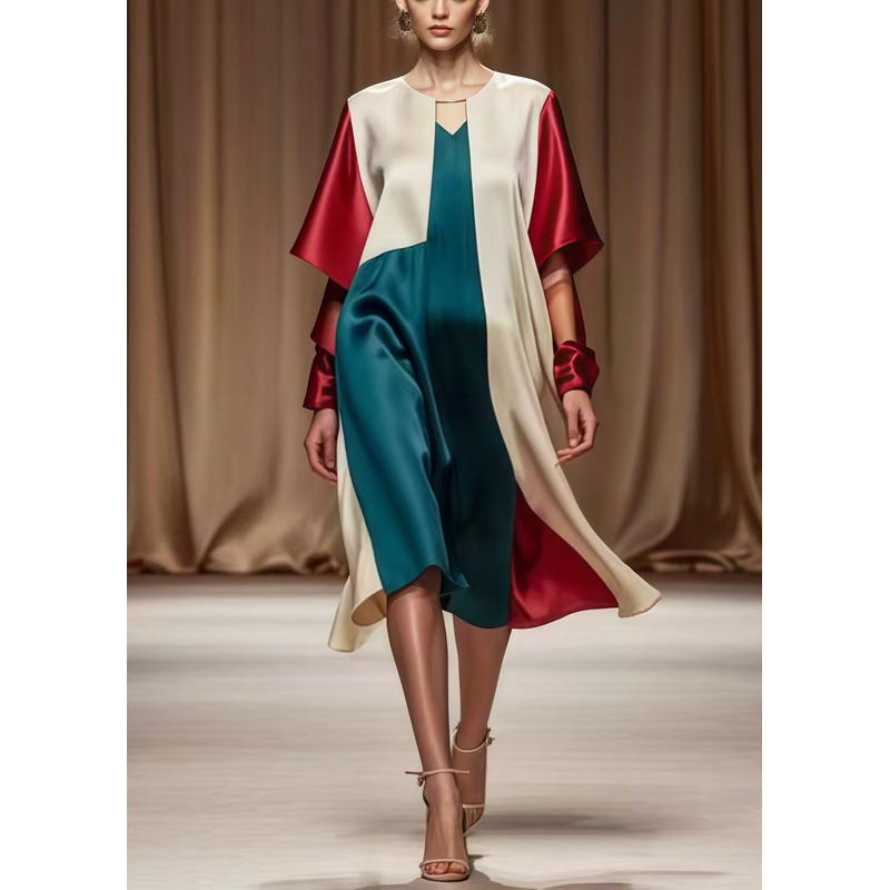 Boho Colorblock Asymmetrical Patchwork Silk Tea Dress Spring