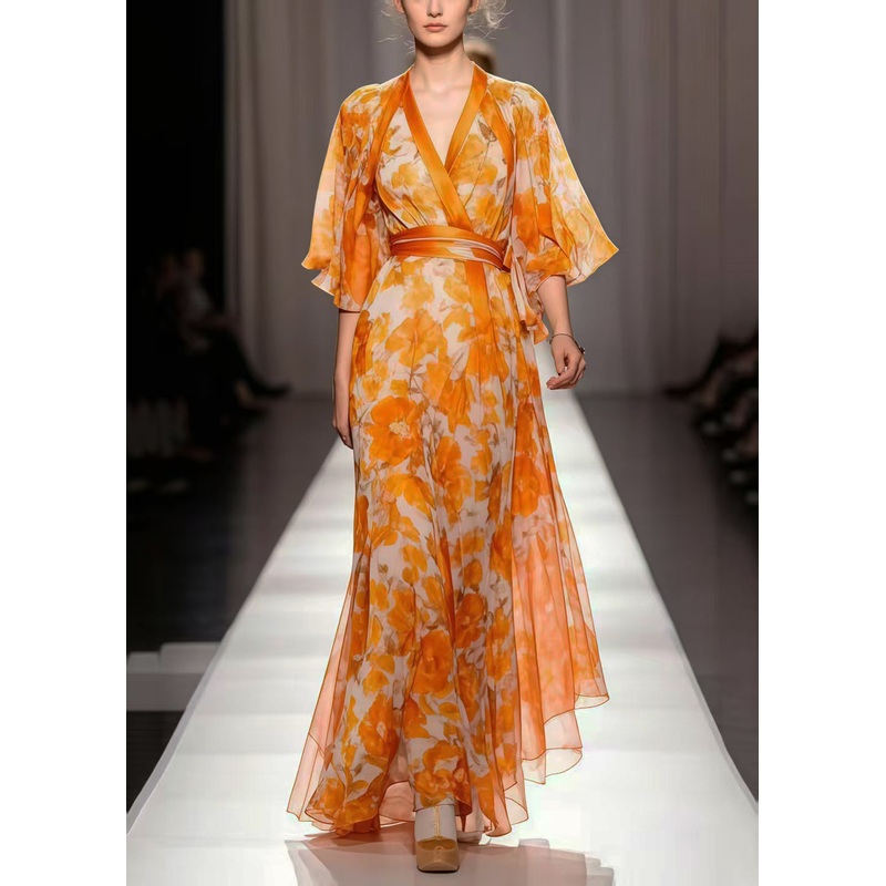 Boho Orange Cinched Print Chiffon Vacation Dresses Summer
