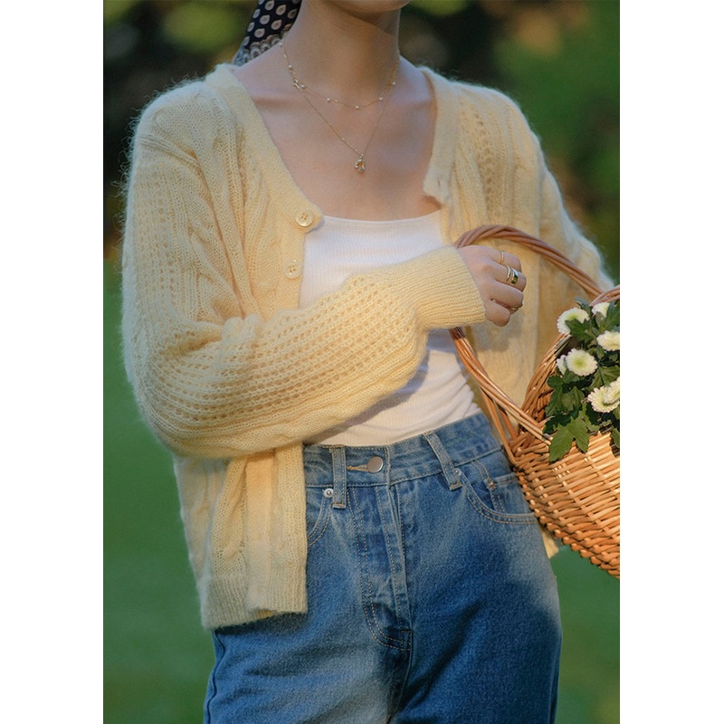 Boho Yellow Button Hollow Out Patchwork Knit Cardigan Fall