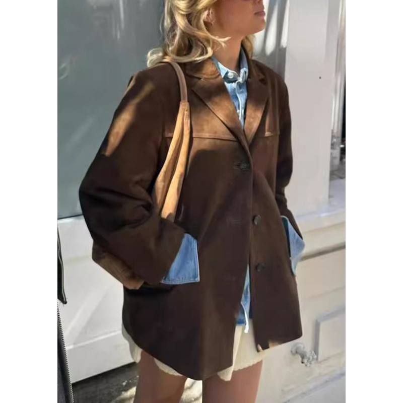 Boutique Brown Peter Pan Collar Button Faux Suede Coat Fall