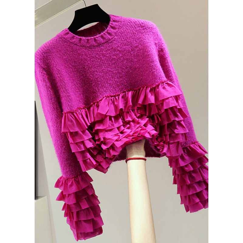 Boutique Rose Ruffled Patchwork Cotton Knitted Sweater Winter