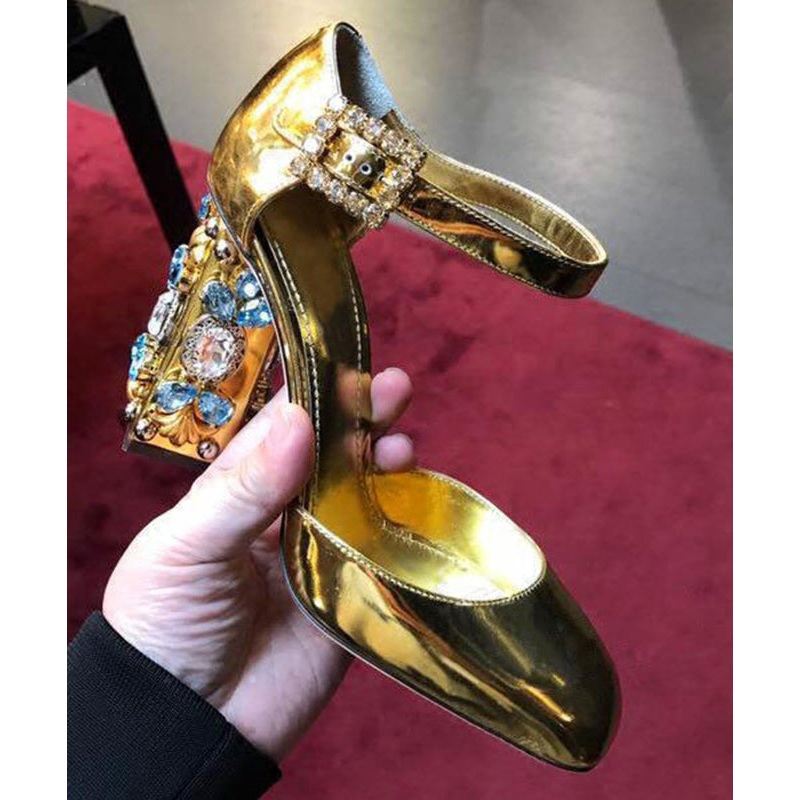 Boutique Zircon Buckle Strap Splicing High Heels Gold Cowhide Leather