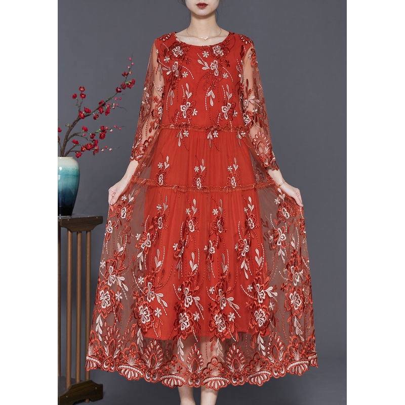 Brick Red Hollow Out Tulle Robe Dresses Embroidered Summer