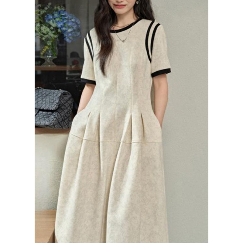 Brief Light Grey O-Neck Wrinkled Patchwork Maxi Dresses Summer