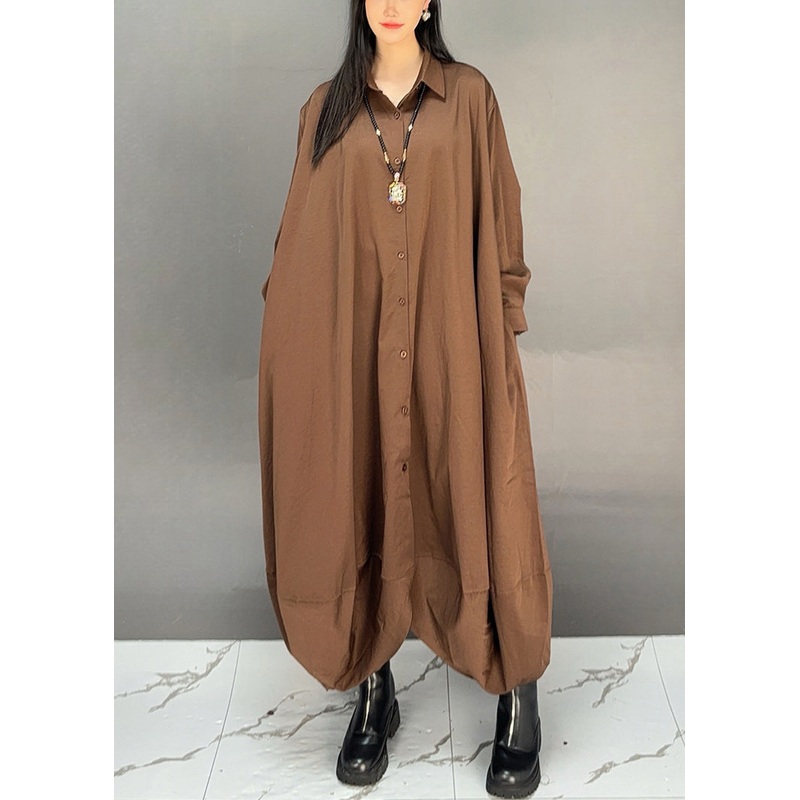 Brown Button Solid Cotton Fall Jumpsuit Peter Pan Collar