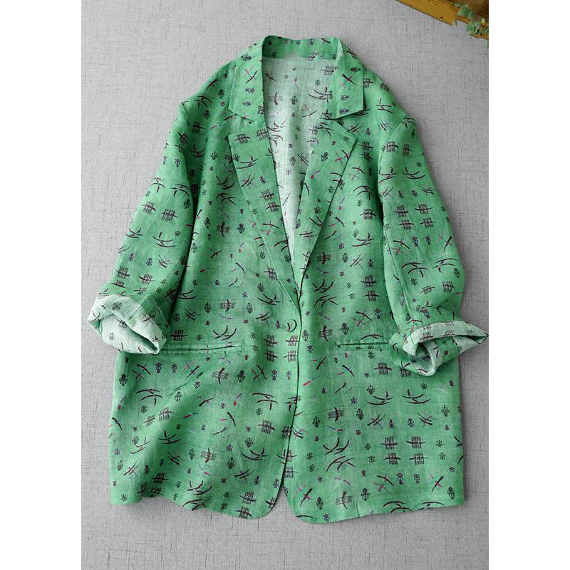 Casual Green Notched Print Coats Long Sleeve