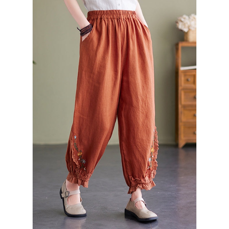 Casual Orange Embroideried Pockets Linen Lantern Pants Summer