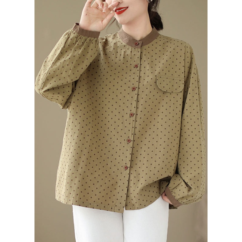 Casual Versatile Green Dot Print Plus Size Cotton Shirt Fall