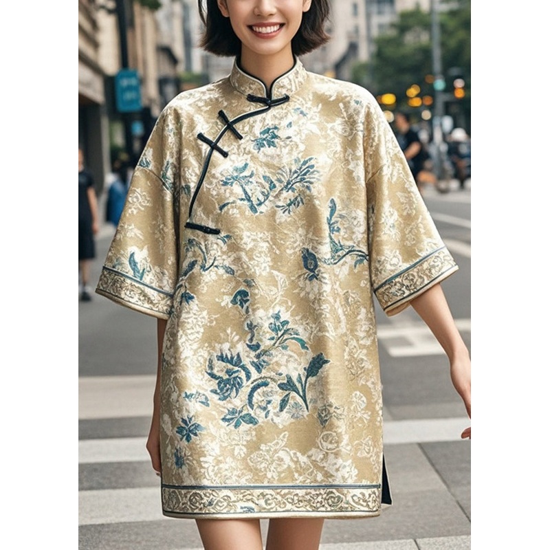 Chic Khaki Print Chinese Style Mini Dresses Half Sleeve