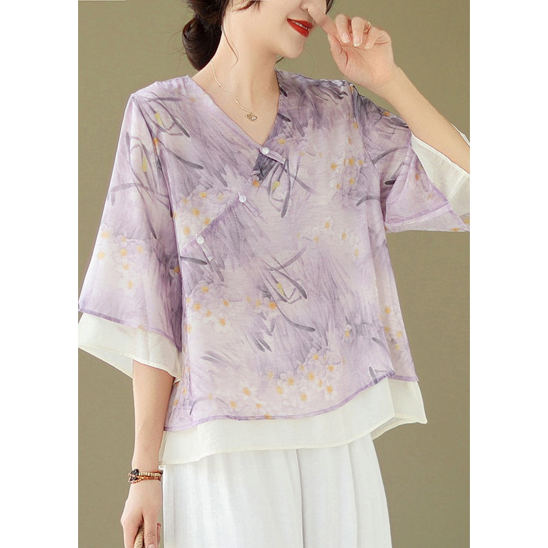 Chic Purple V Neck Button Print Cotton Shirt Flare Sleeve