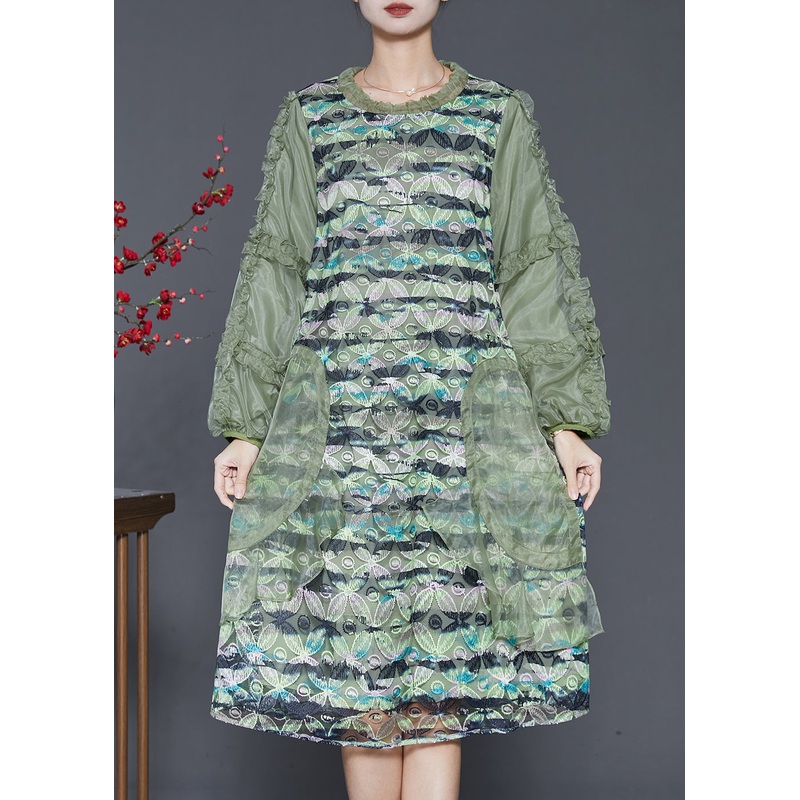 Classy Green Ruffled Patchwork Silk Dress Spring