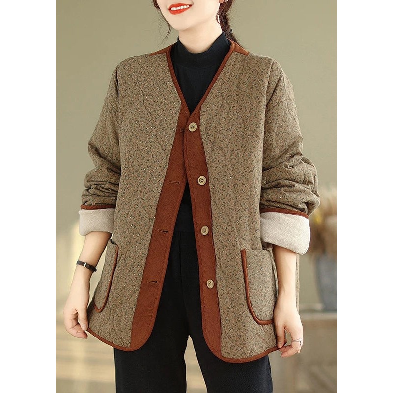 Coffee Button Pockets Warm Fleece Winter Coats V Neck