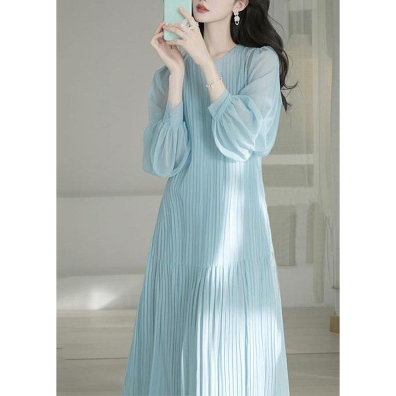 Cute Light Blue O-Neck Cinched Maxi Dresses Spring