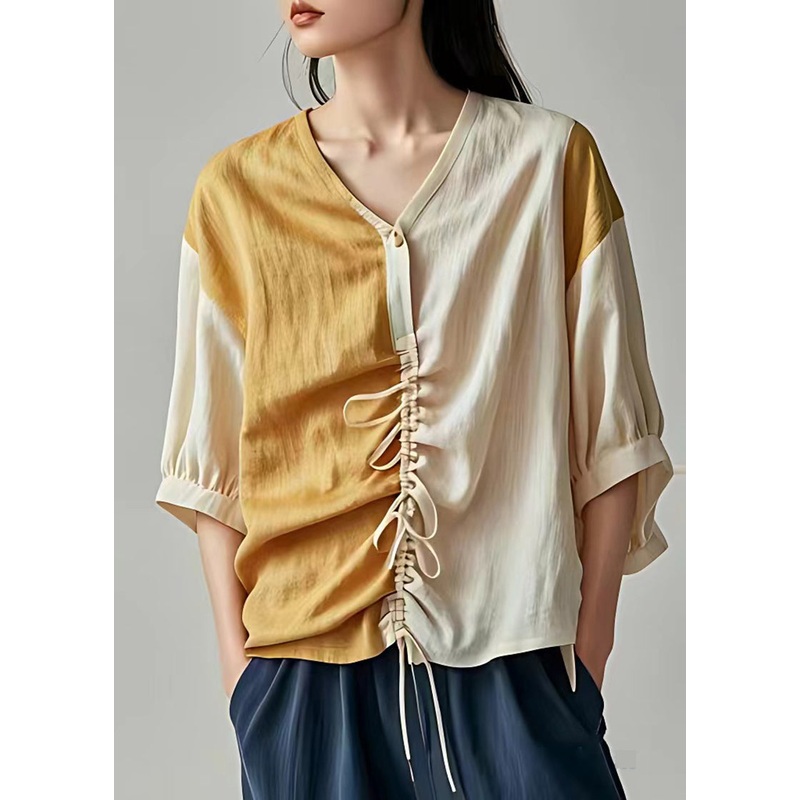 DIY Beige Cinched Asymmetrical Design Linen Blouse Top Summer