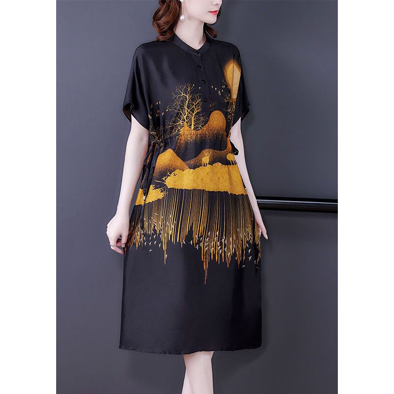 DIY Black Stand Collar Drawstring Print Silk Dresses Summer