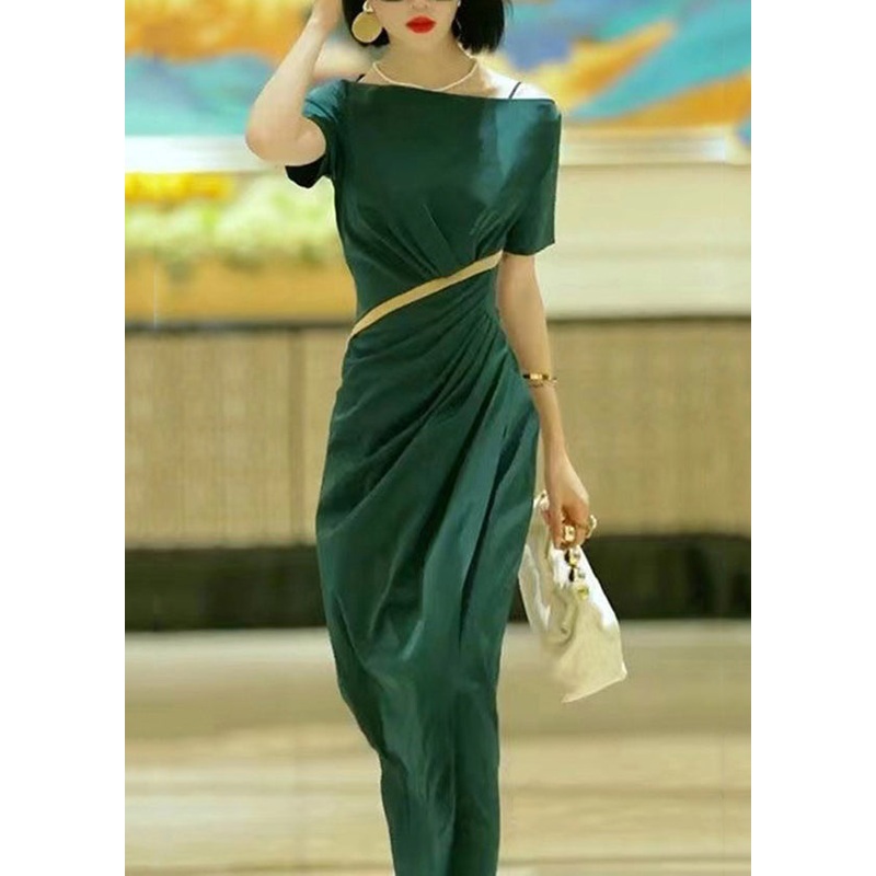 Elegant Green Slash Neck Slim Fit Cotton Dress Summer
