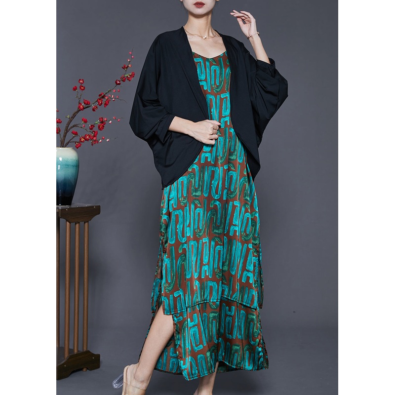 Elegant Peacock Green Print Cotton Two Piece Suit Set Spring