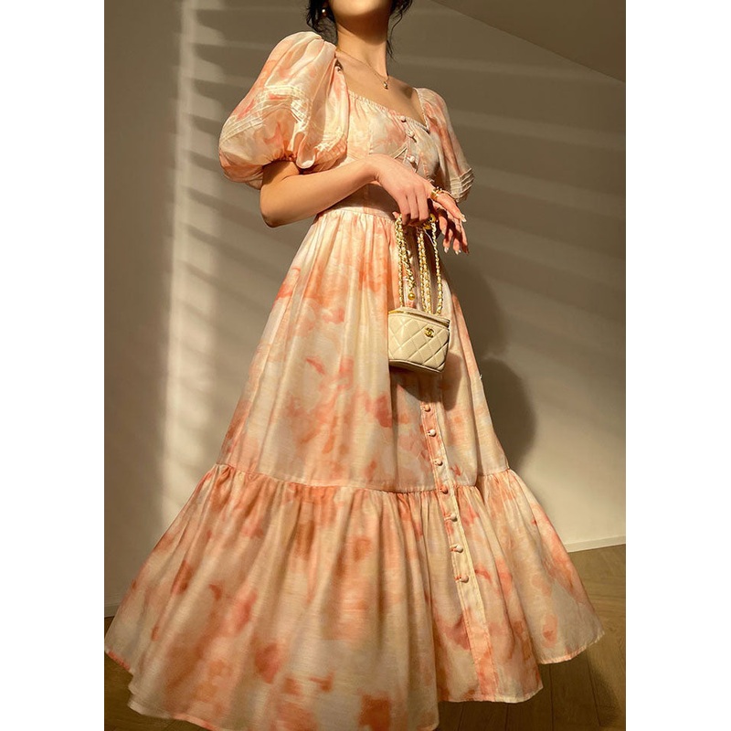 Elegant Pink Square Collar Patchwork Print Silk Dress Puff Sleeve