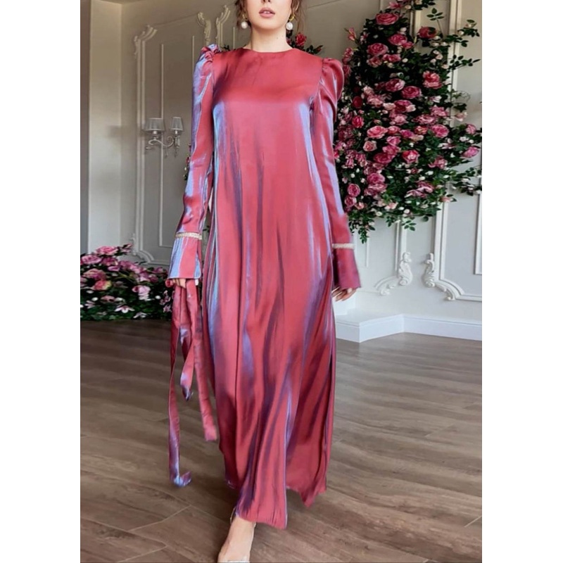 Elegant Purple O Neck Silk Maxi Dress Fall