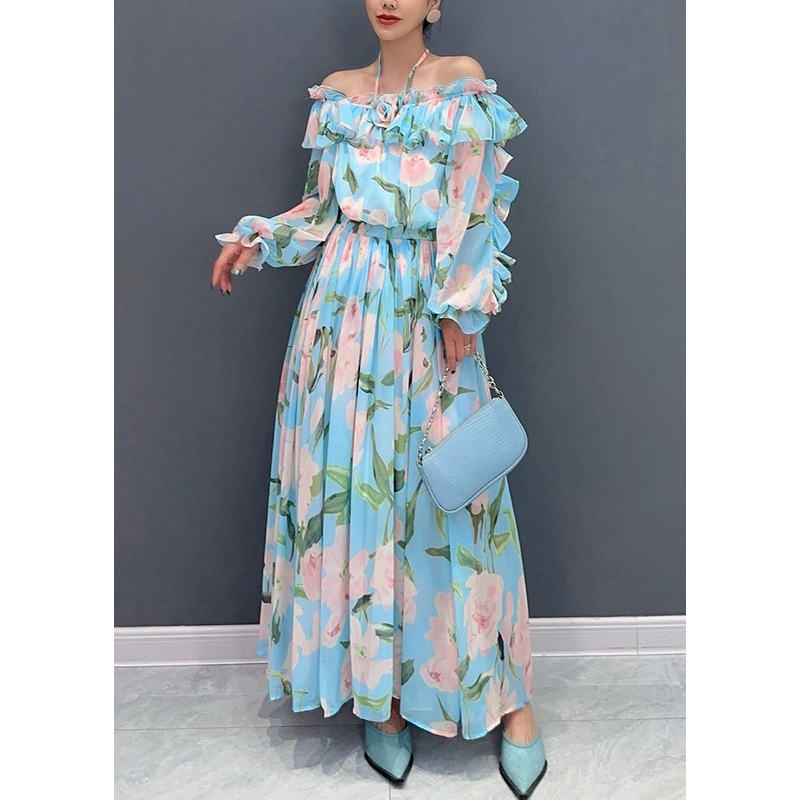 Fashion Blue Cold Shoulder Ruffled Patchwork Chiffon Dresses Long Sleeve