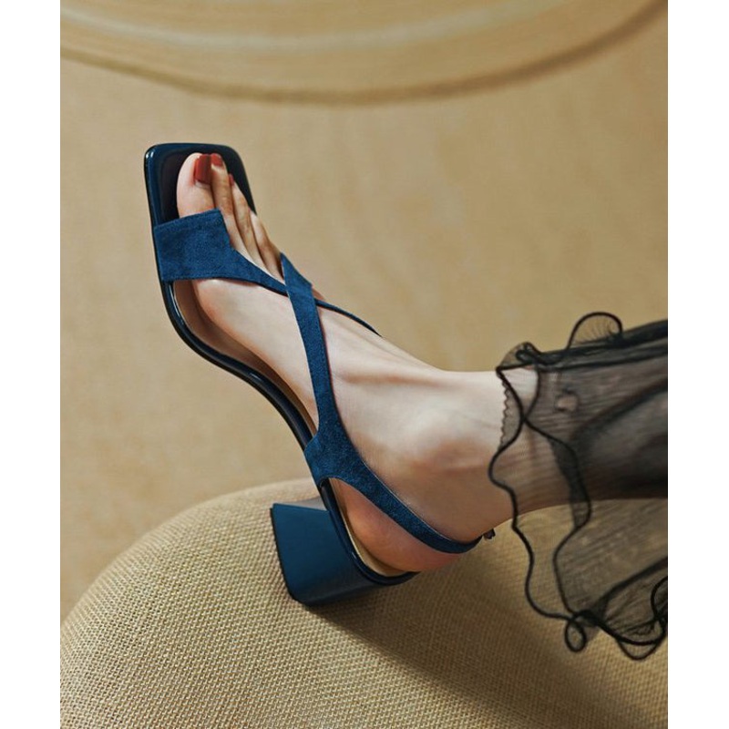 Fashion Blue Cross Strap Splicing Chunky Genuine Leather Sandals