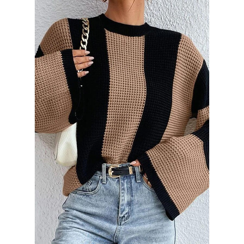 Fashion Khaki O Neck Striped Women Knit Sweaters Fall