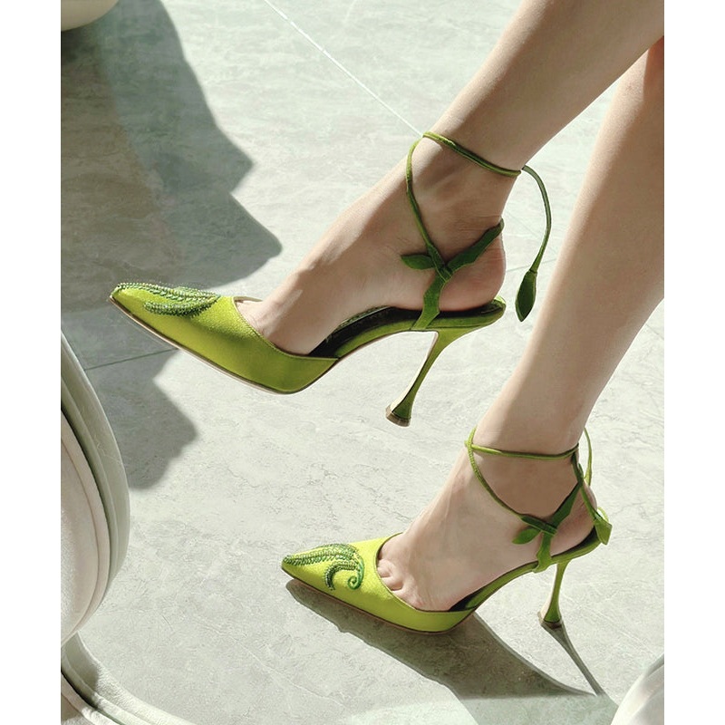 Fashion Splicing Stiletto High Heels Green Lace Up Embroidered