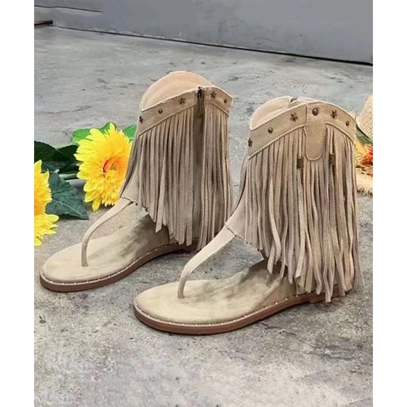 Fashion Tasseled Rivet Splicing Wedge Thong Sandals Apricot Suede