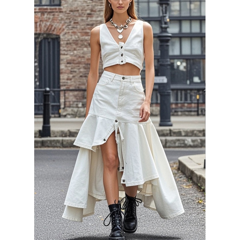 Fine White Low High Design Silm Fit Denim Skirt Spring