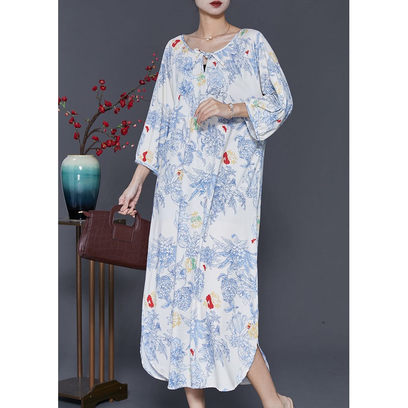 Fine White Oversized Print Cotton Maxi Dress Spring