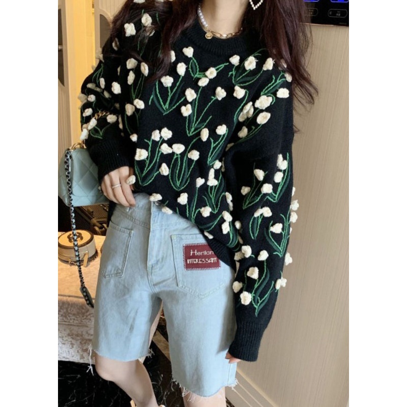 Floral Black O Neck Cozy Cotton Knit Sweater Winter