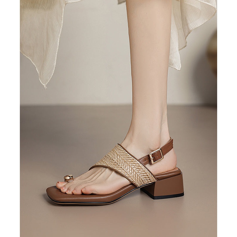 French Apricot Sheepskin Flip Flops Splicing Chunky Heel Sandals