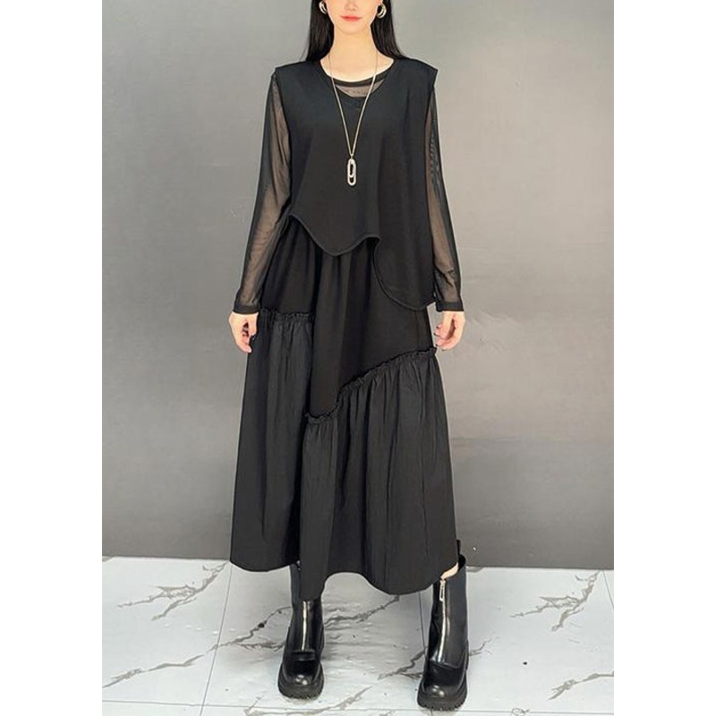 French Black Asymmetrical Ruffled Waistcoat And Skirts Two-Piece Set Sleeveless