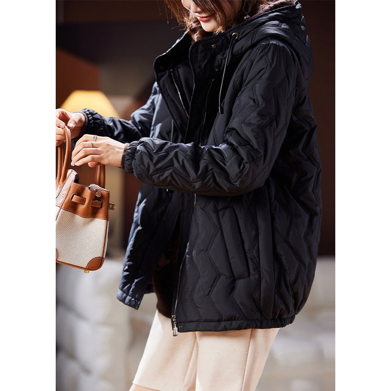 French Black Hooded Zippered Pockets Cotton Filled Parka Long Sleeve