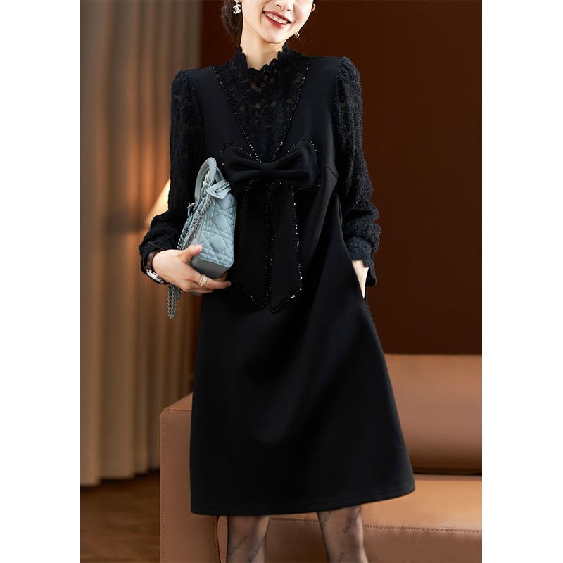 French Black Lace Nail Bead Patchwork Dress Long Sleeve