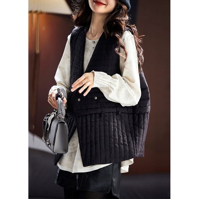 French Black V Neck Button Cotton Filled Waistcoat Sleeveless