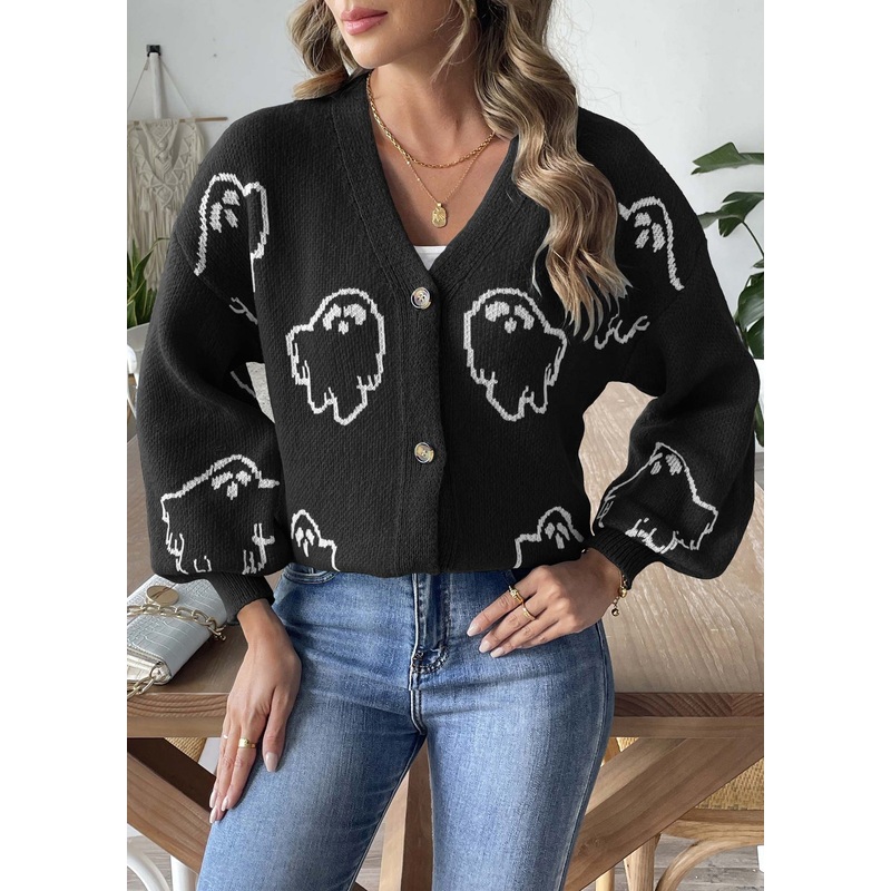 French Black V Neck Button Knit Coats Fall