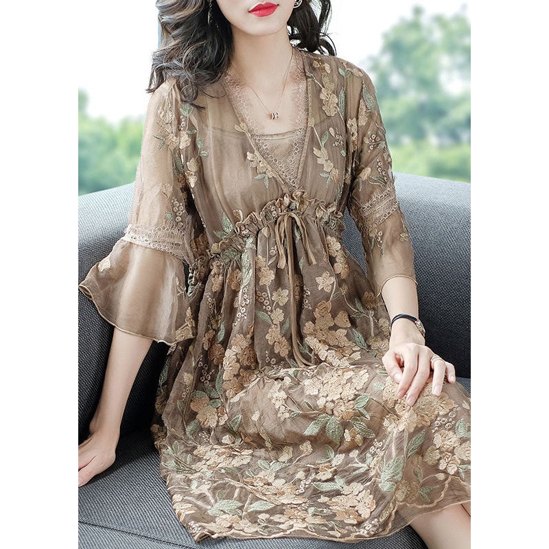 French Coffee Ruffled Embroideried Patchwork Silk Two Piece Set Summer