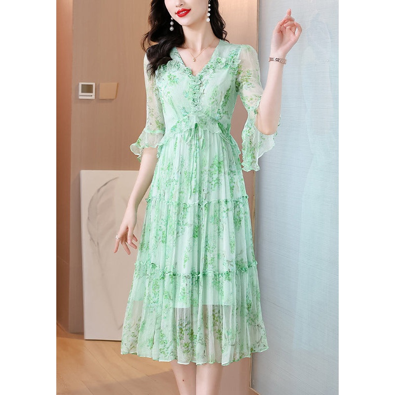 French Green V Neck Ruffled Print Silk Dress Summer